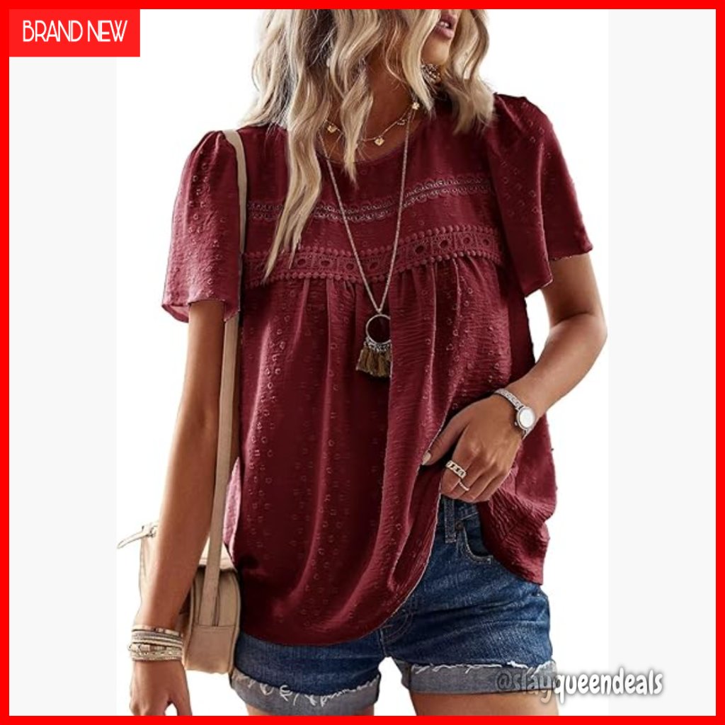 Boho Crewneck Blouse With Lace Hem, Loose Fit, Short Sleeve, Polyester